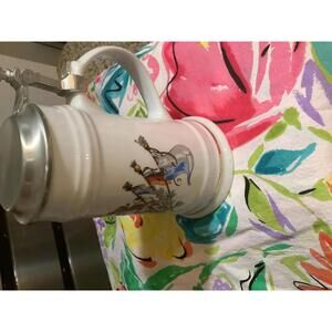 Vintage Ceramic Beer Stein with Pewter Lid and Decorative Crest